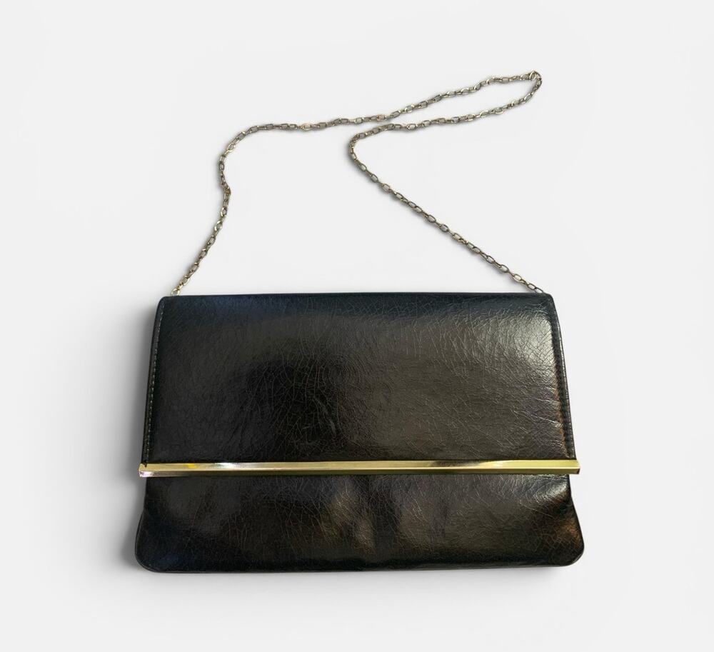 Vintage Evening Purse, Black Leather, Gold Hardware, Retro Glam Elegant Formal